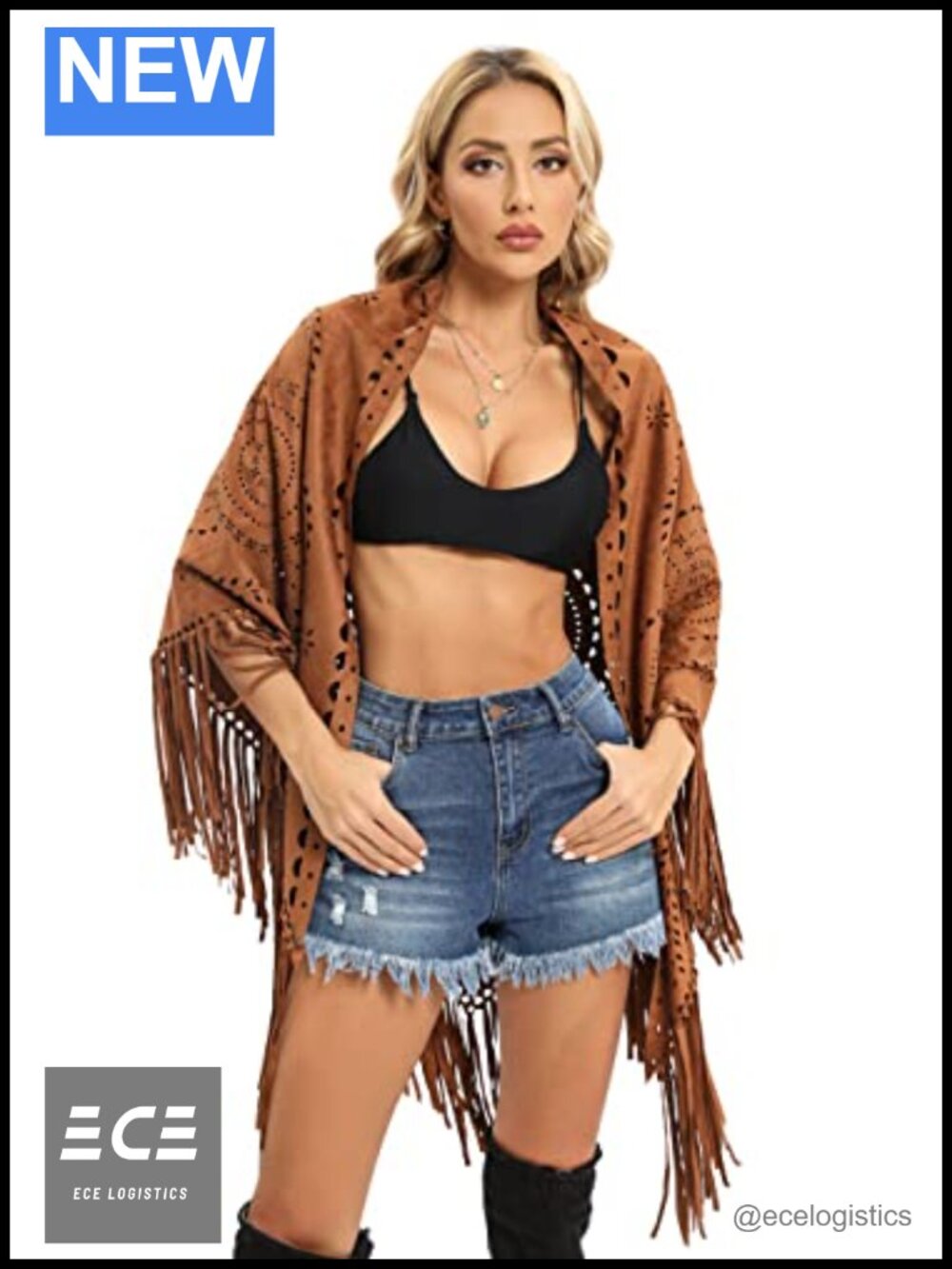 Faux Suede Laser Cut Triangle Cape Shrug Scarf with Tassels